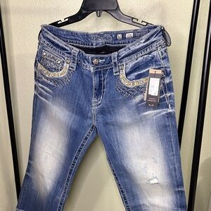 Miss Me Cropped Blue Jeans with Gold Details